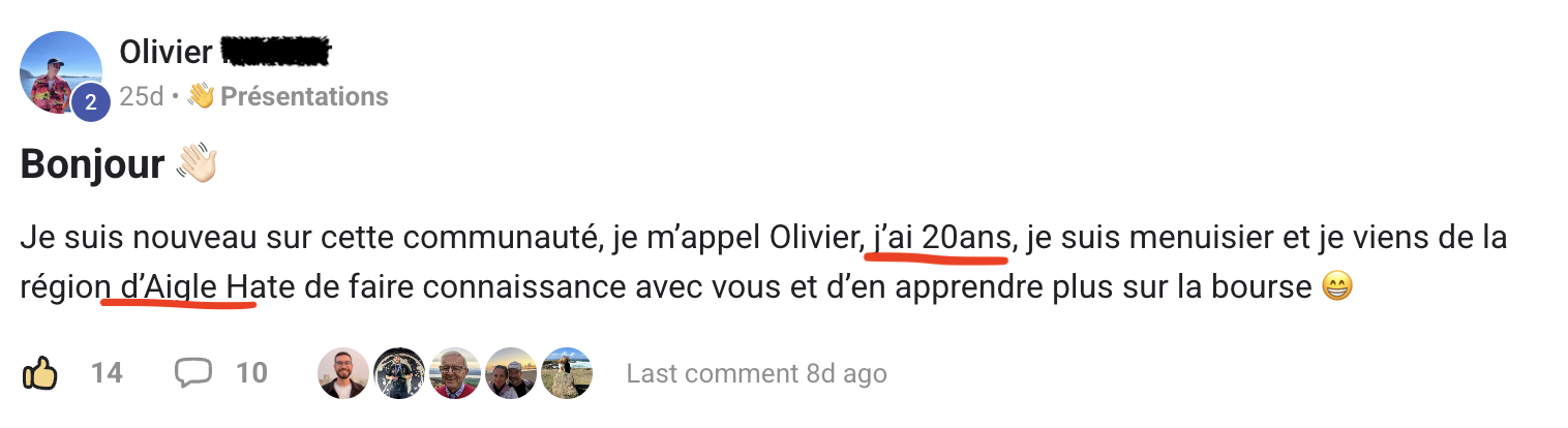 Message de bienvenue d'un élève sur Skool n°6